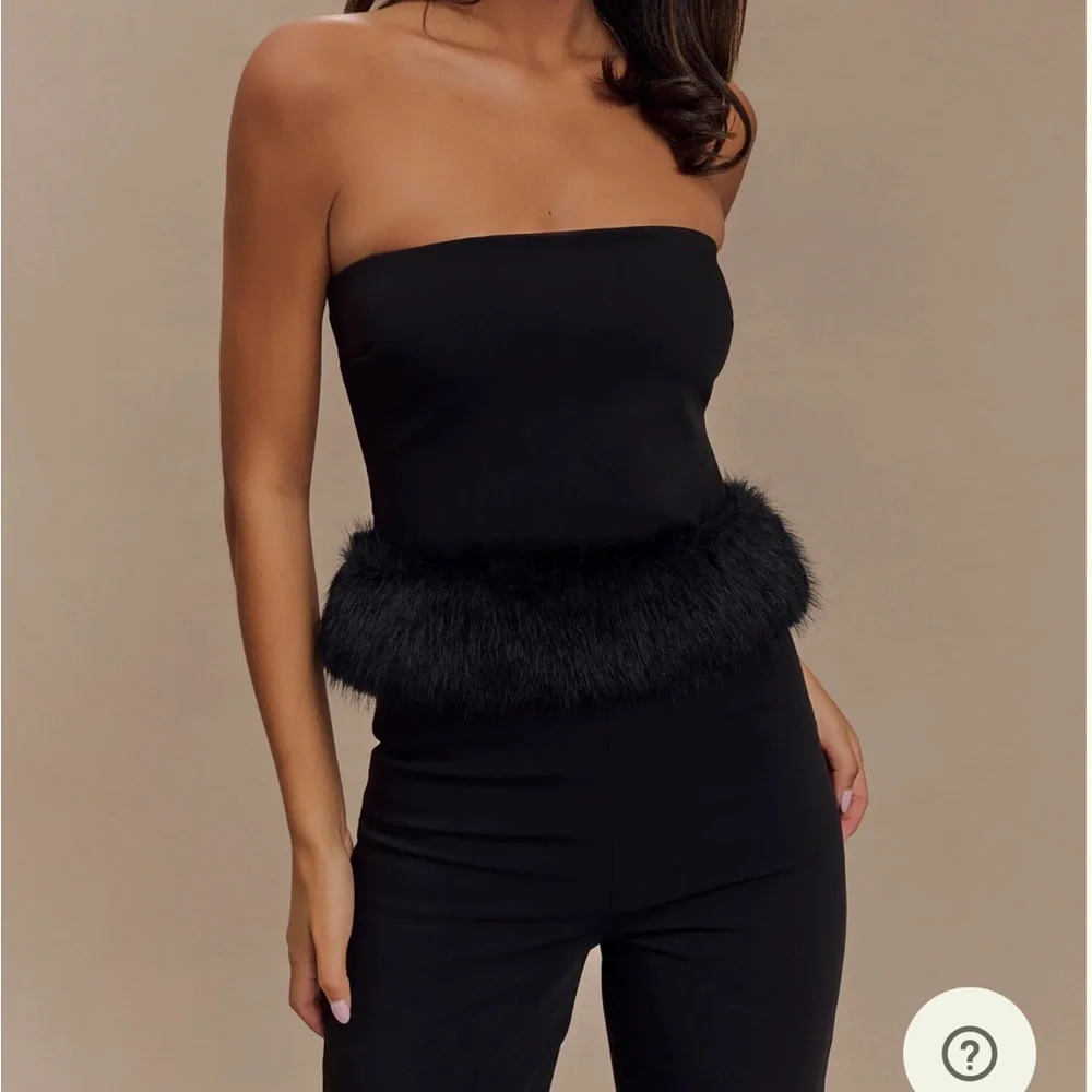 Meshki Black Strapless Top with Fur Trim - Picture 1 of 3